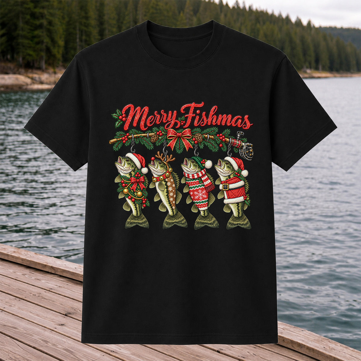 Merry Fishmas Christmas Bass Fishing Graphic T-Shirt