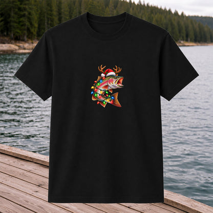 Christmas Rainbow Trout with Santa Hat, Antlers and Holiday Lights Fishing T-Shirt