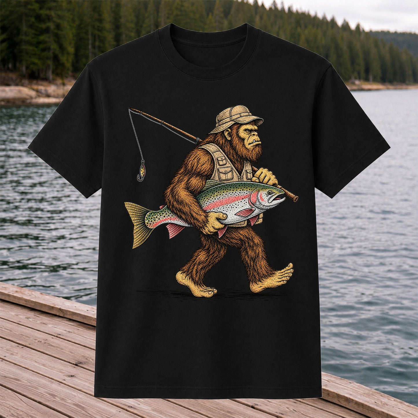 Bigfoot Holding Rainbow Trout Vintage Fishing Graphic T-Shirt