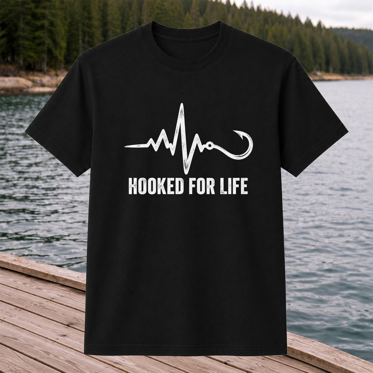 Hooked for Life Fishing Hook Heartbeat Graphic T-Shirt