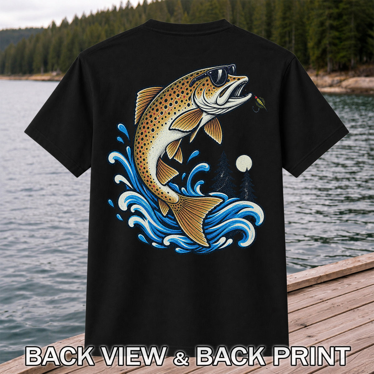 Brown Trout Sunglasses Fishing Graphic T-Shirt with Lure | Back Print