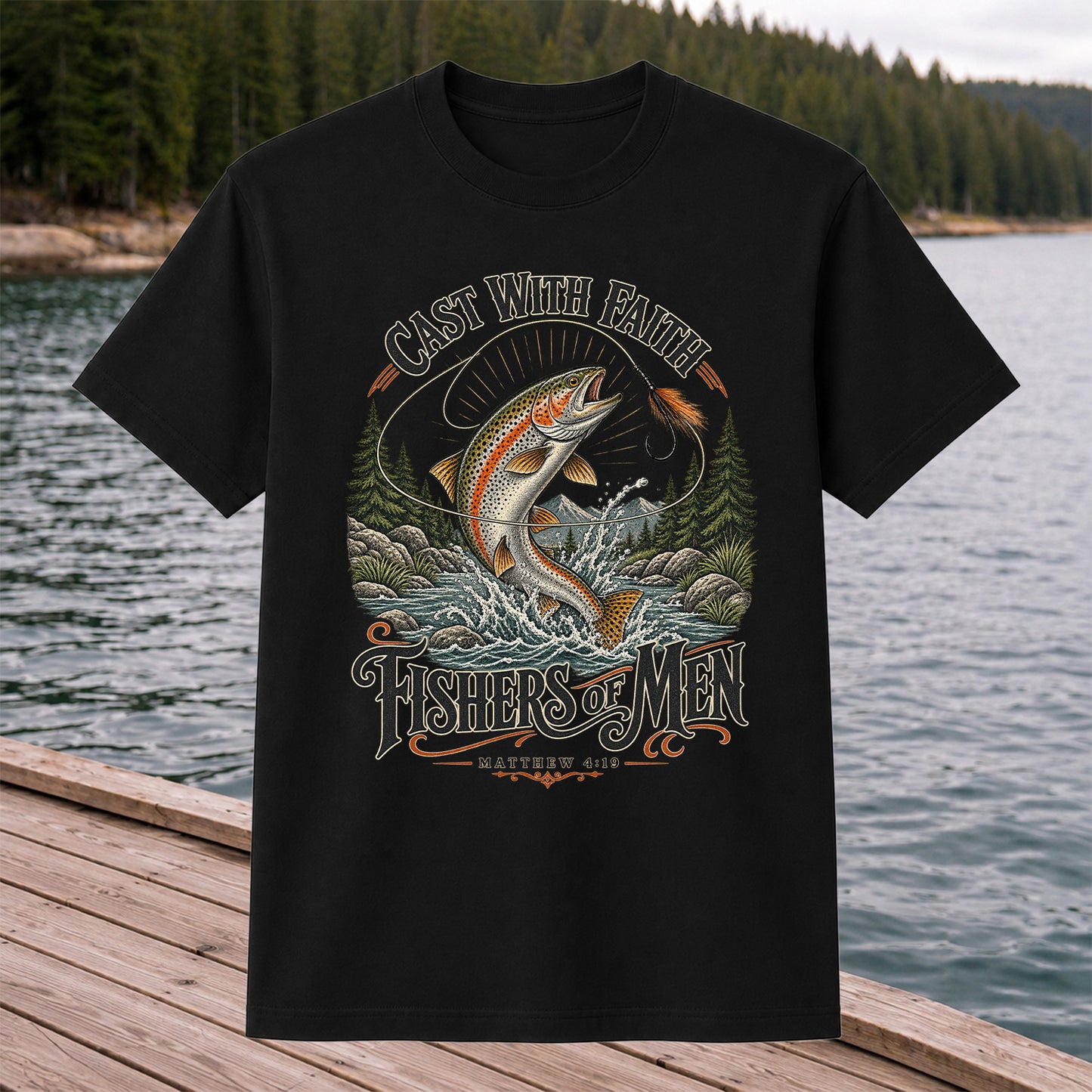 Cast with Faith Fishers of Men Matthew 4:19 Trout Fishing T-Shirt