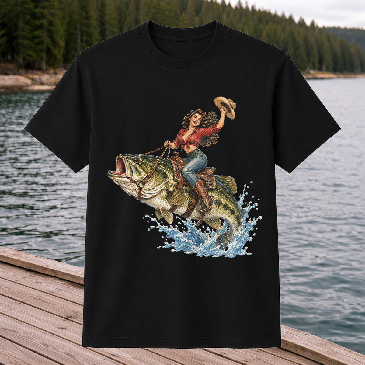 Vintage Cowgirl Riding a Largemouth Bass Fishing Graphic T-Shirt