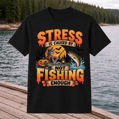 Stress Is Caused by Not Fishing Enough Skeleton Halloween Trout T-Shirt