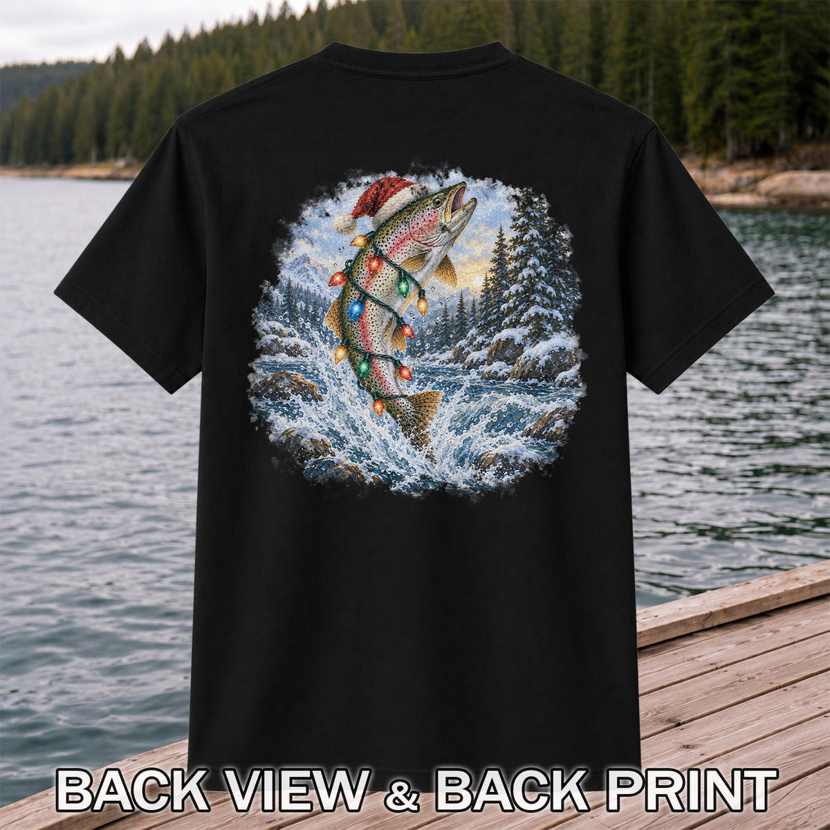 Santa Rainbow Trout with Christmas Lights Fishing T-Shirt | Back Print
