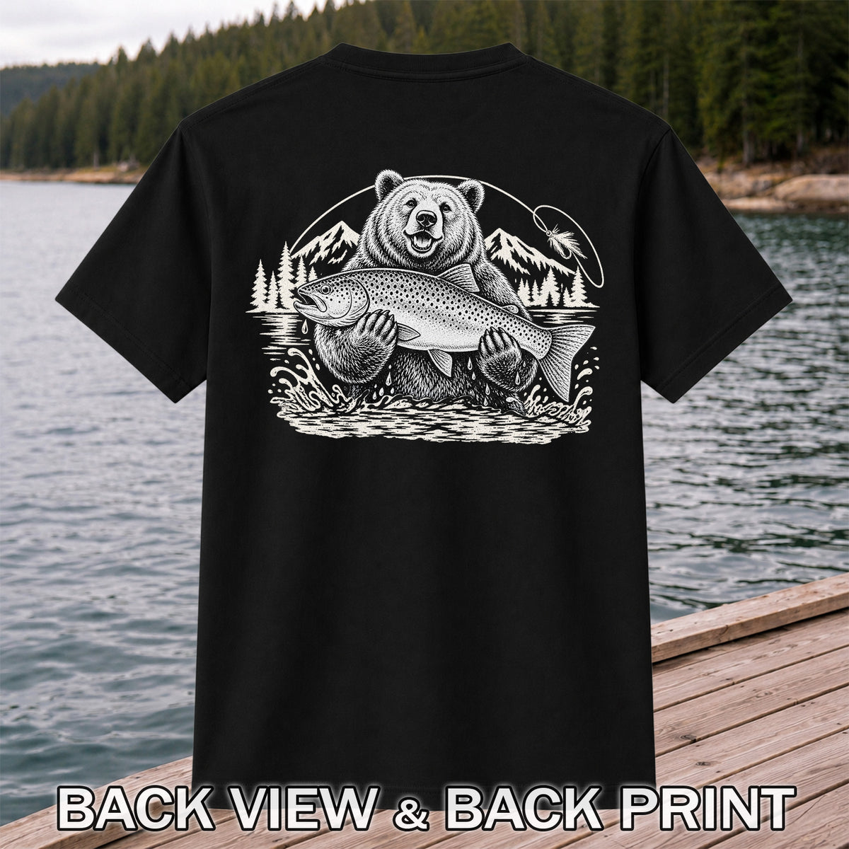 Bear Holding Trout in Mountain Lake Fishing Graphic T-Shirt | Back Print