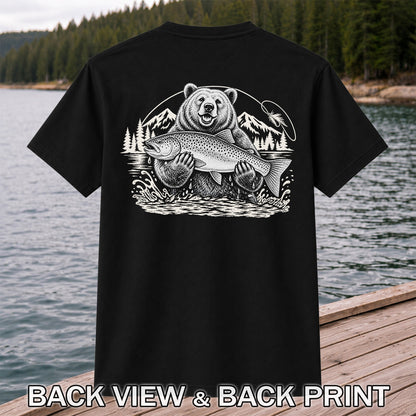 Bear Holding Trout in Mountain Lake Fishing Graphic T-Shirt | Back Print