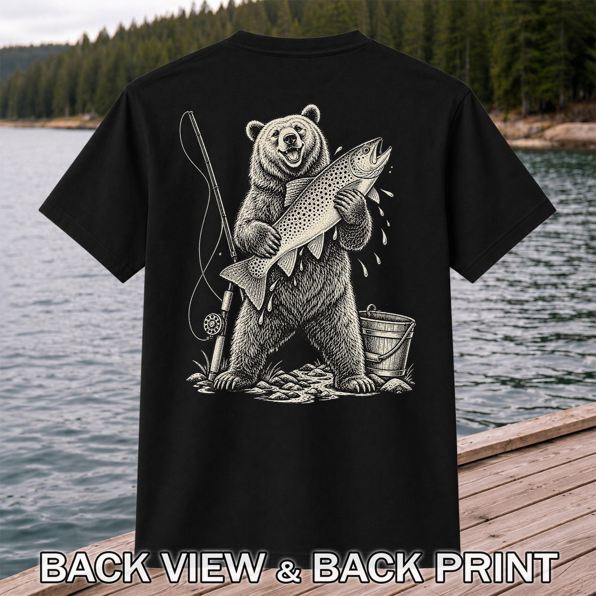Bear Holding Trout Fishing Graphic T-Shirt | Back Print