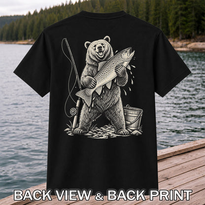 Bear Holding Trout Fishing Graphic T-Shirt | Back Print