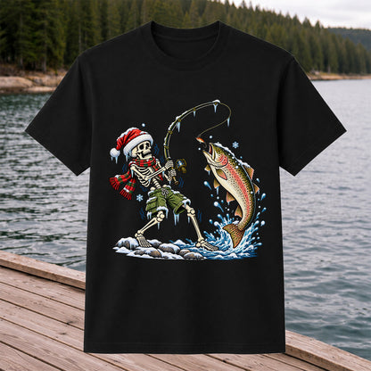 Christmas Skeleton Angler Catching a Rainbow Trout Fishing T-Shirt