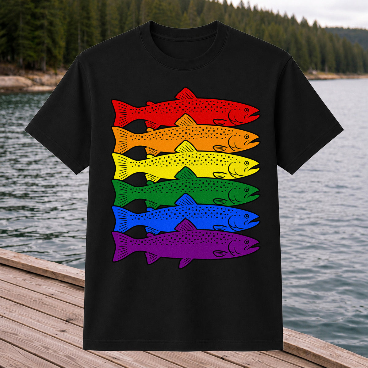 Rainbow Colored Trout Stack Fishing Graphic T-Shirt