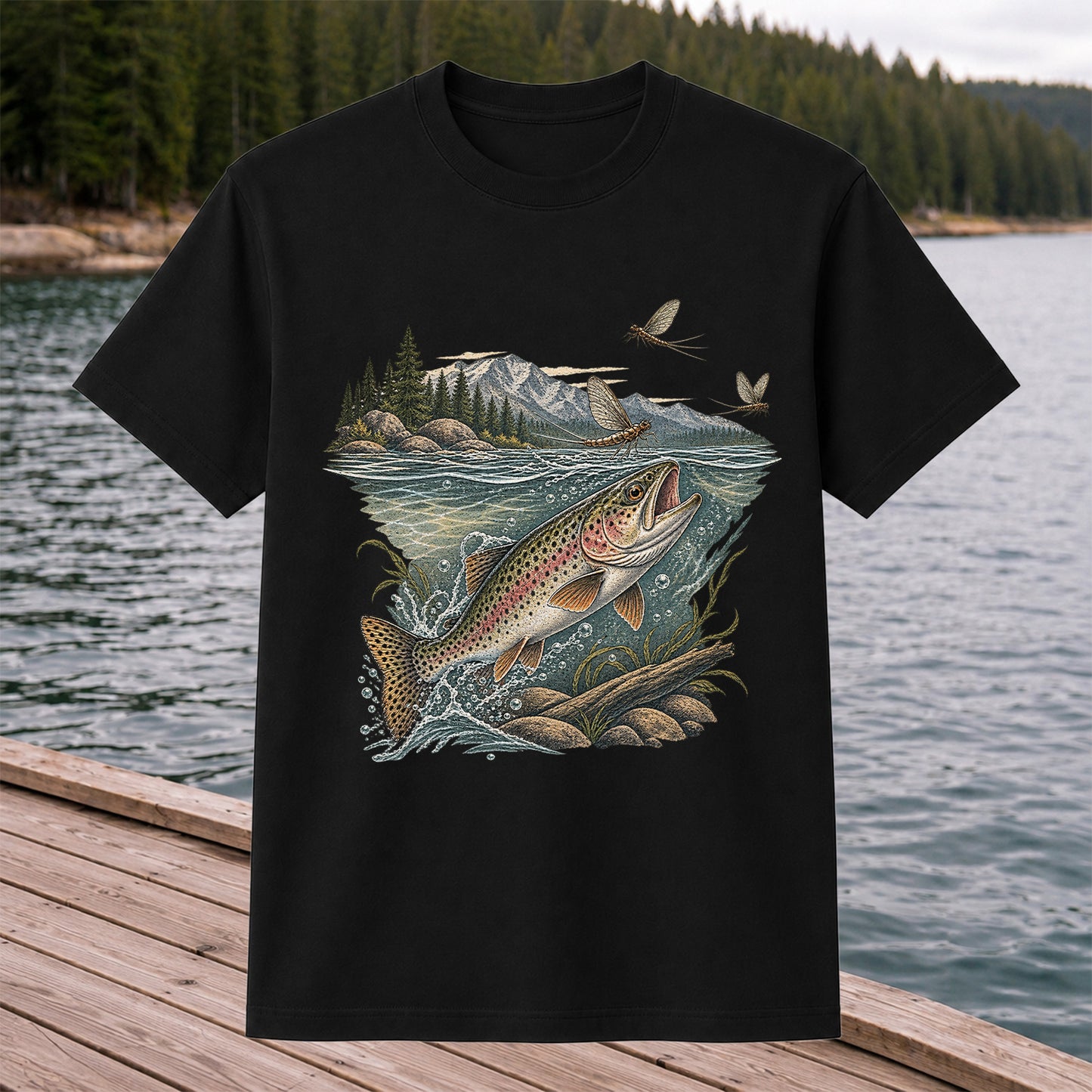 Mountain River Rainbow Trout Fly Fishing Graphic T-Shirt