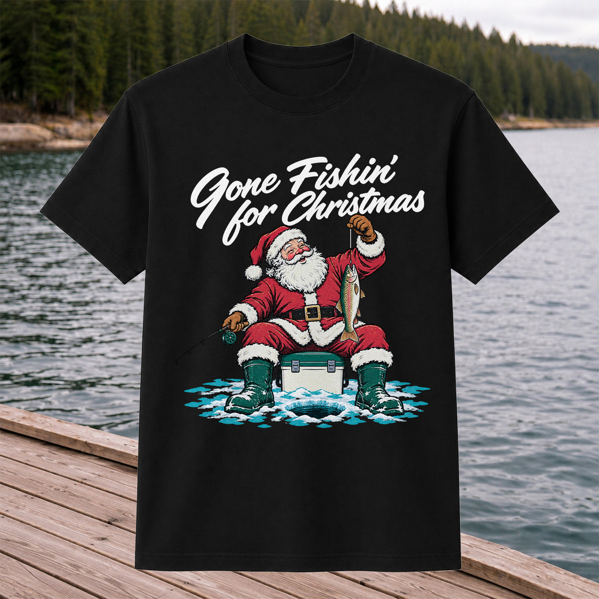 Santa Claus Ice Fishing Christmas Graphic T-Shirt