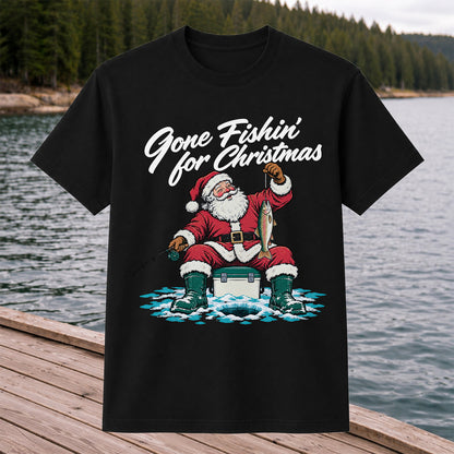 Santa Claus Ice Fishing Christmas Graphic T-Shirt