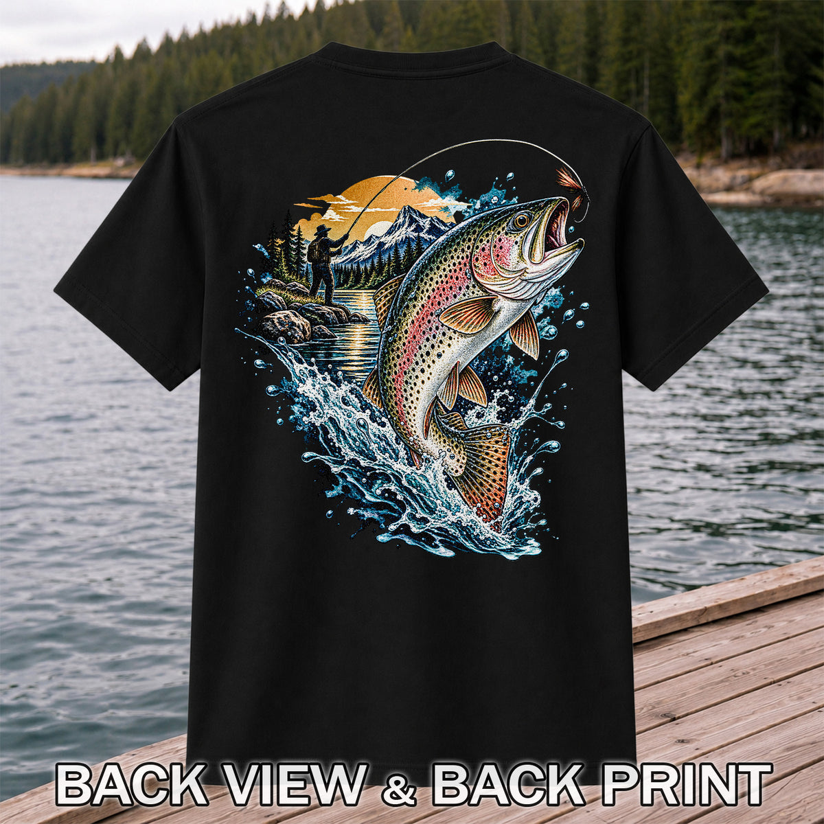 Leaping Rainbow Trout Mountain River Fly Fishing Graphic T-Shirt | Back Print