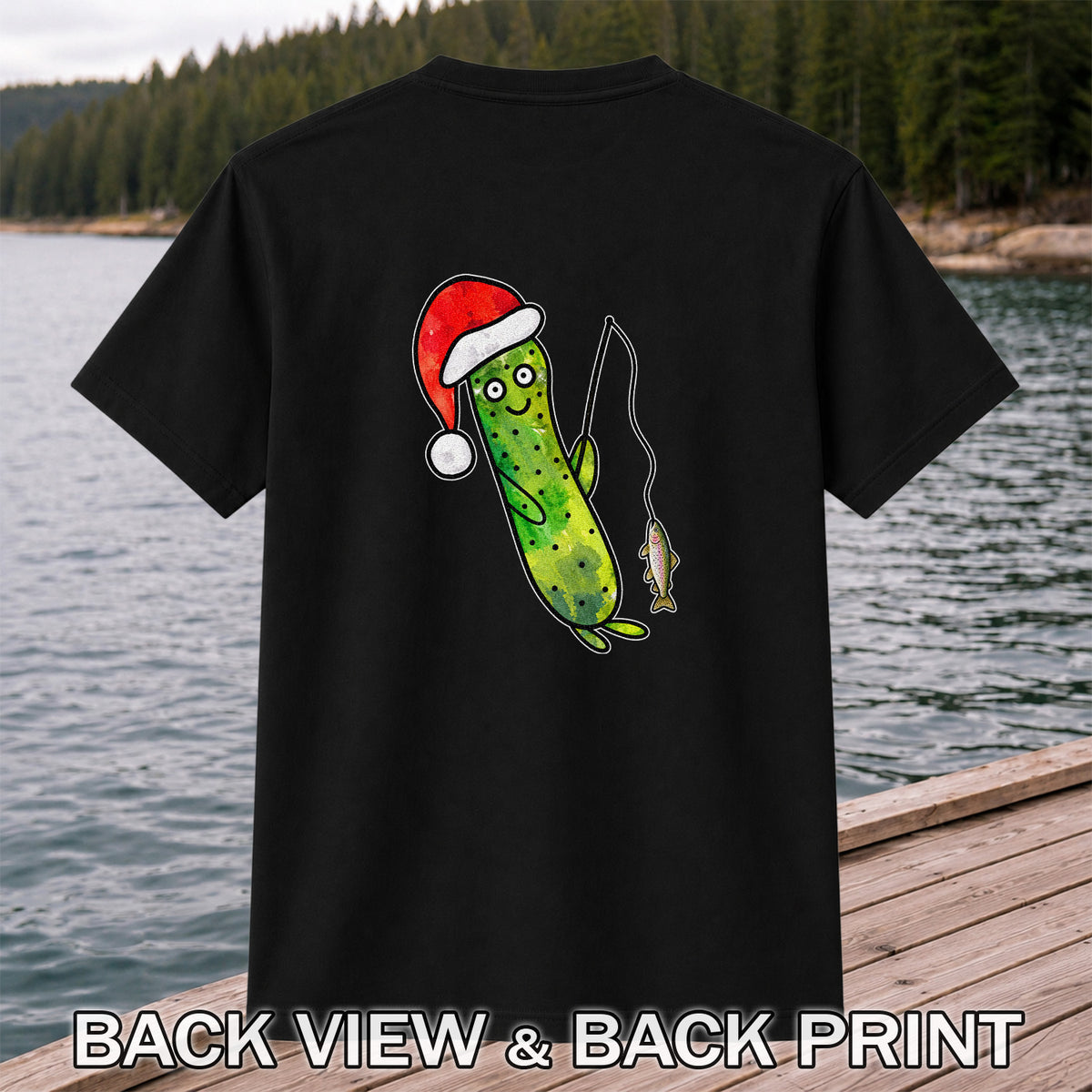 Santa Hat Cucumber Fishing for Trout Graphic T-Shirt | Back Print