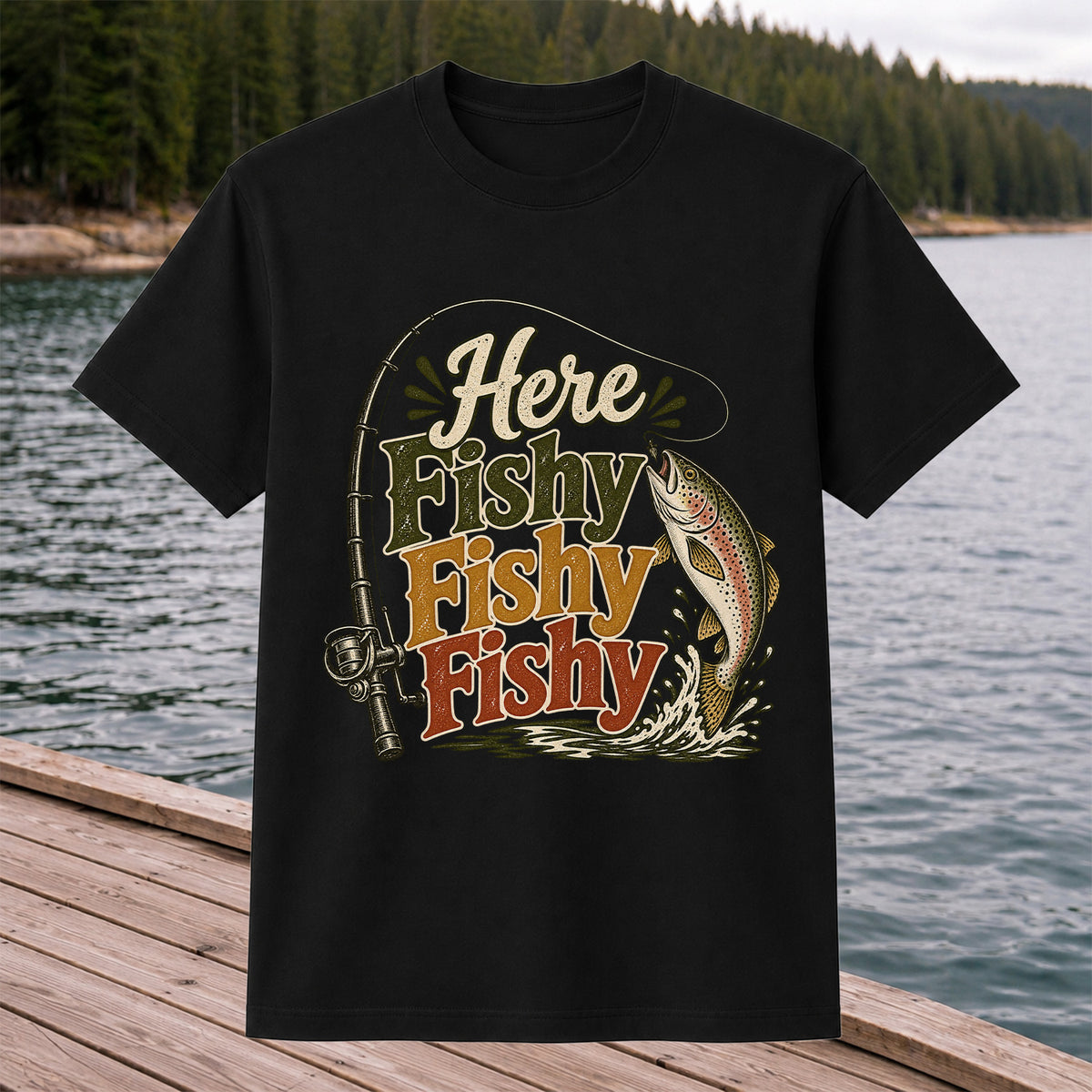 Here Fishy Fishy Fishy Rainbow Trout and Fishing Rod Retro T-Shirt