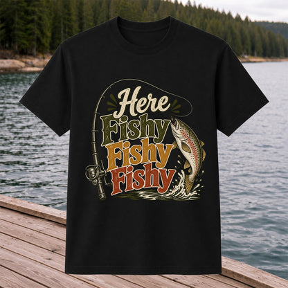 Here Fishy Fishy Fishy Rainbow Trout and Fishing Rod Retro T-Shirt