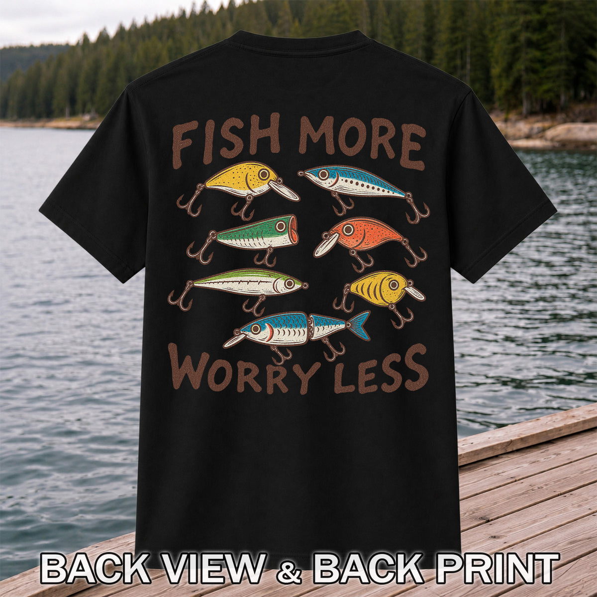 Colorful Fishing Lures and Hooks Graphic T-Shirt | Back Print