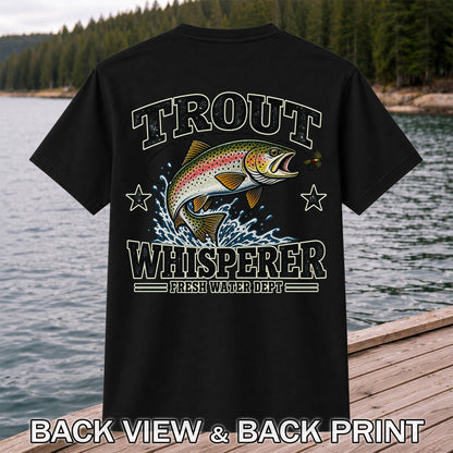 Trout Whisperer Fresh Water Dept Rainbow Tee, Trout Fishing T-Shirt | Back Print