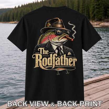The Rodfather Rainbow Trout Gangster Funny Fishing T-Shirt | Back Print