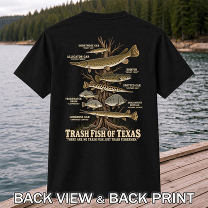 Trash Fish of Texas Gar and Freshwater Fish Graphic T-Shirt | Back Print