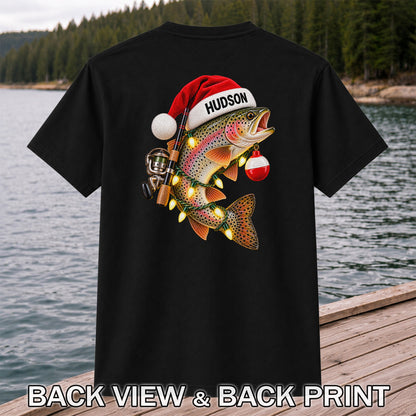 Hudson Santa Hat Rainbow Trout Christmas Fishing T-Shirt | Back Print