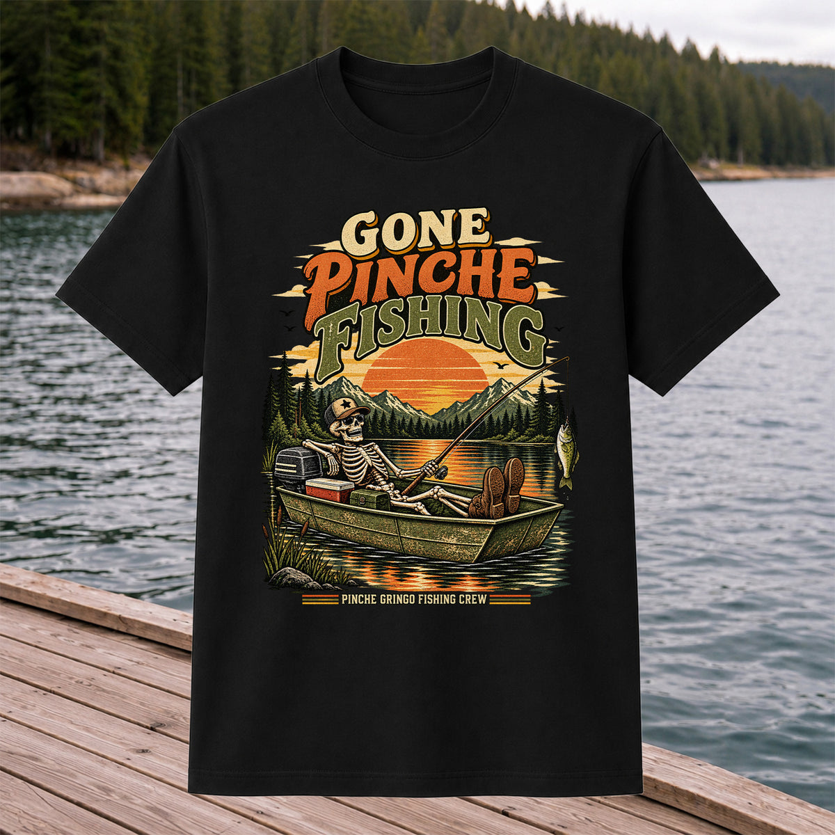 Gone Pinche Fishing Skeleton in a Boat Retro Graphic T-Shirt