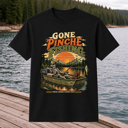 Gone Pinche Fishing Skeleton in a Boat Retro Graphic T-Shirt