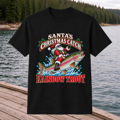 Santa's Christmas Catch Rainbow Trout Fishing T-Shirt
