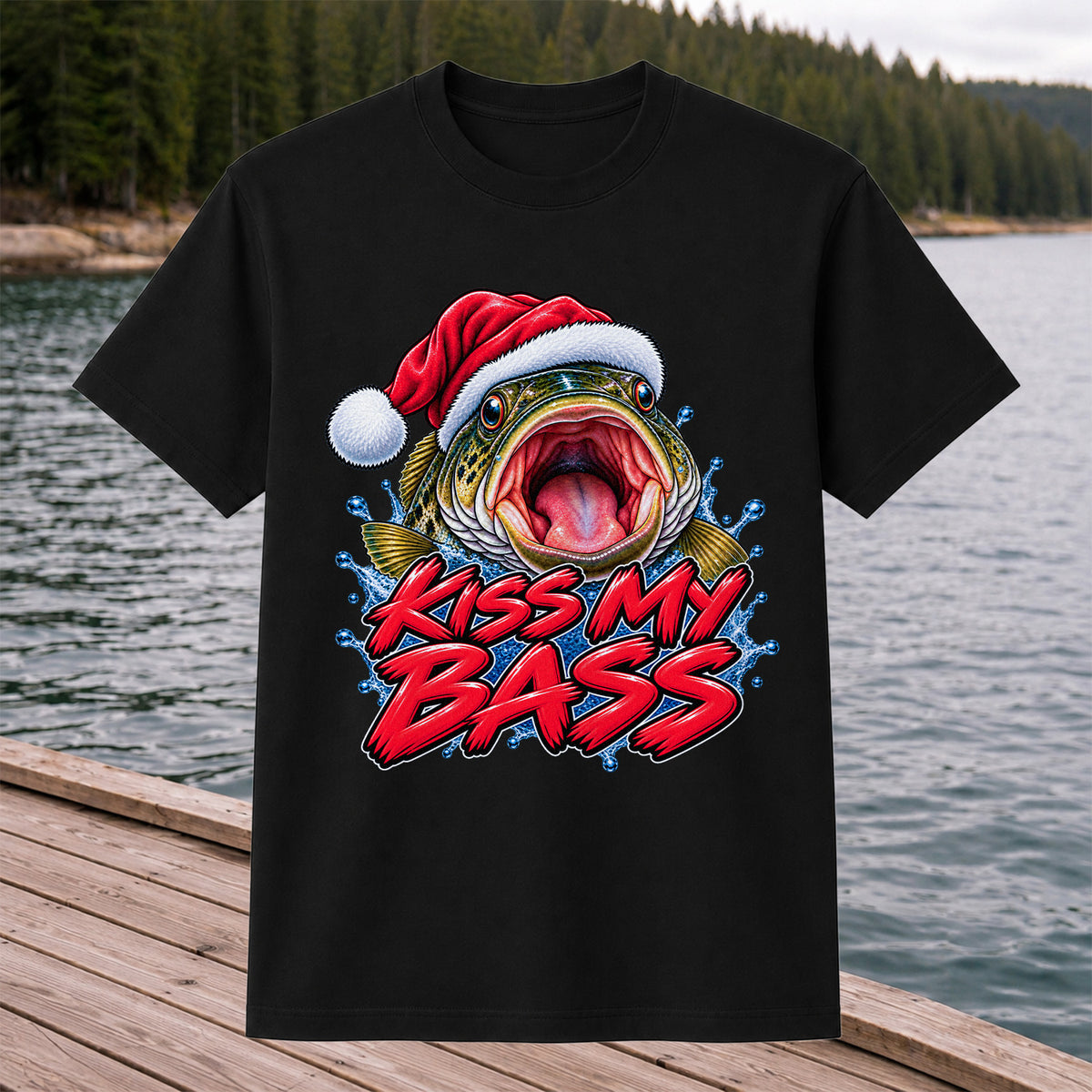 Kiss My Bass Santa Hat Funny Christmas Fishing T-Shirt