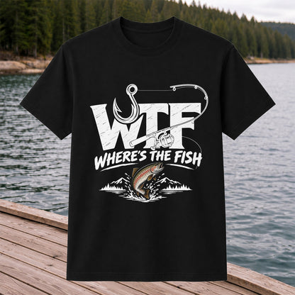 WTF Where's the Fish Rainbow Trout Fishing Graphic T-Shirt