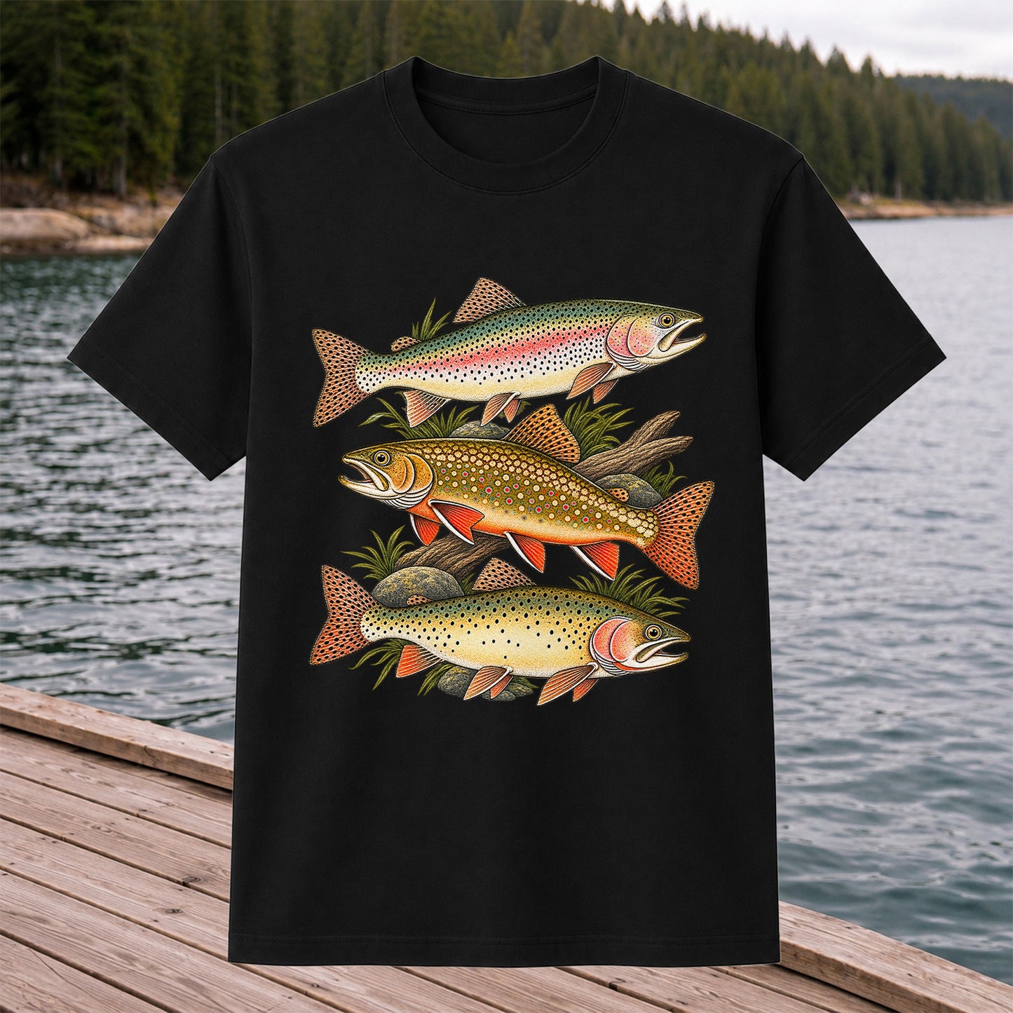 Vintage Rainbow Brook and Brown Trout Fishing Graphic T-Shirt