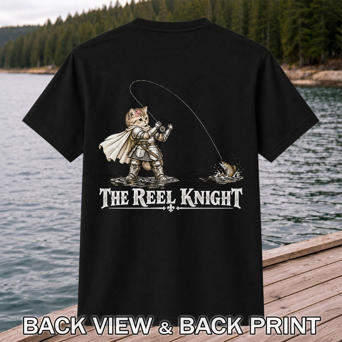 The Reel Knight Cat in Armor Funny Fishing Graphic T-Shirt | Back Print