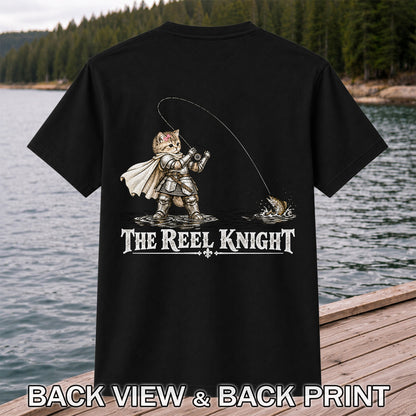 The Reel Knight Cat in Armor Funny Fishing Graphic T-Shirt | Back Print