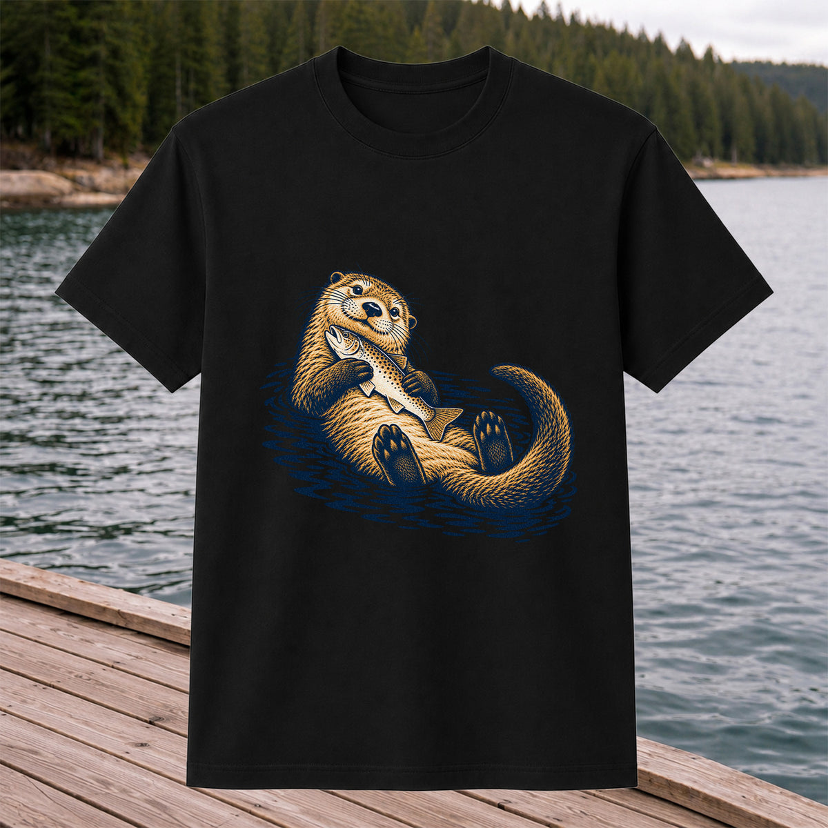 Cute Otter Holding Fish Hand Drawn Fishing Graphic T-Shirt