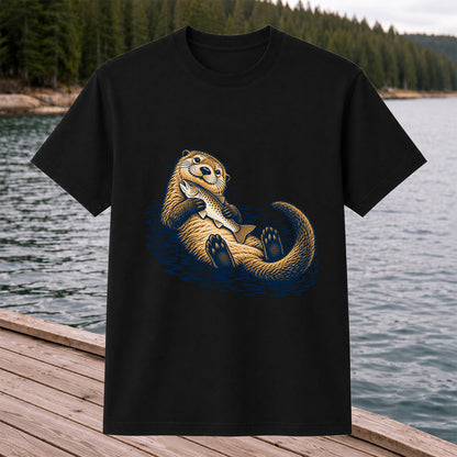Cute Otter Holding Fish Hand Drawn Fishing Graphic T-Shirt