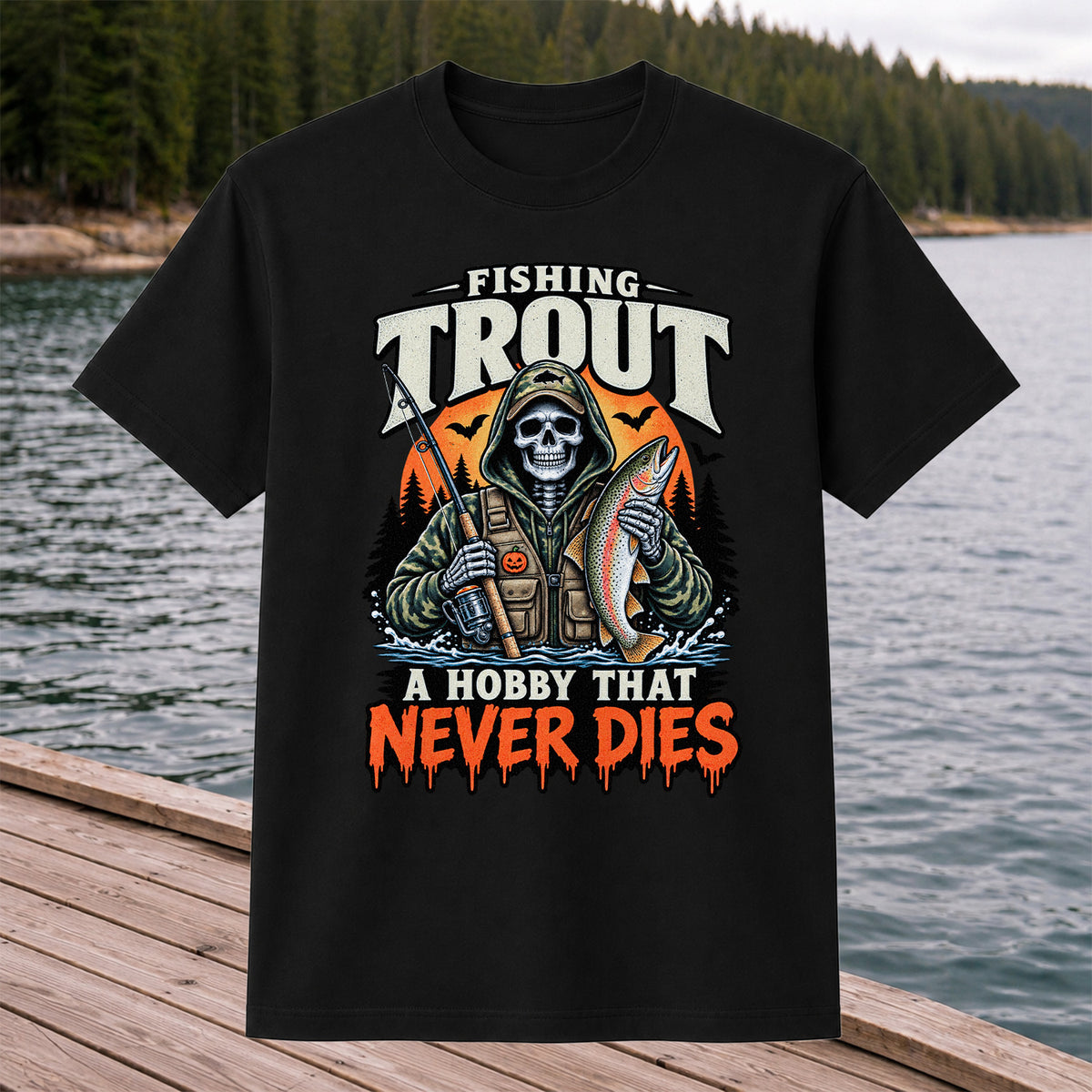 Fishing Trout A Hobby That Never Dies Skeleton Halloween T-Shirt