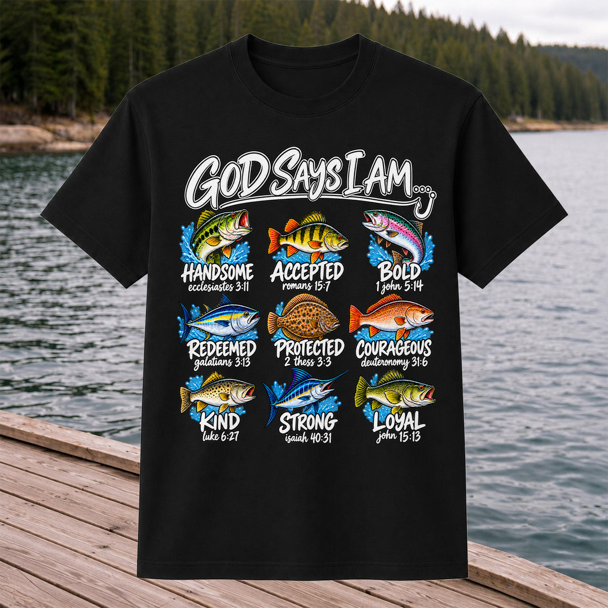God Says I Am Christian Fish and Bible Verse Fishing Graphic T-Shirt