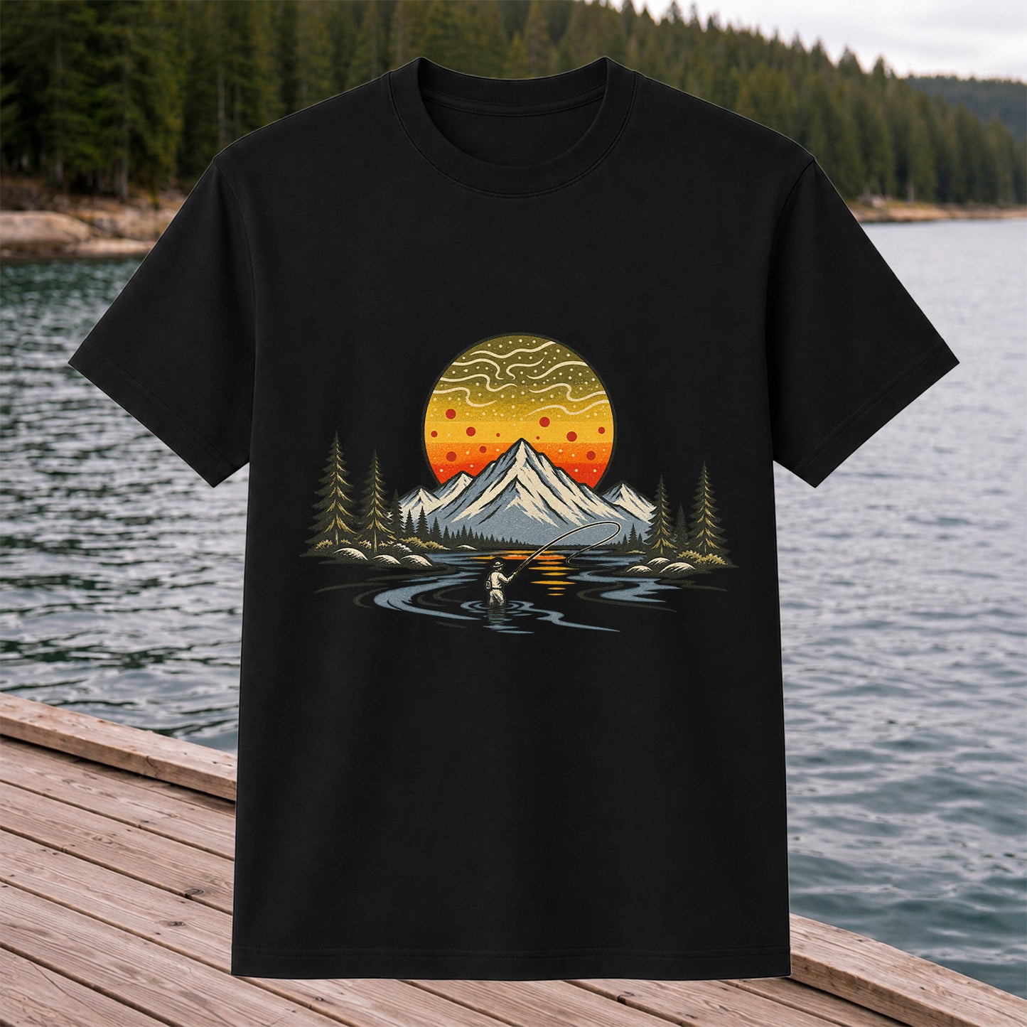 Mountain Sunset Fly Fishing Angler Graphic T-Shirt
