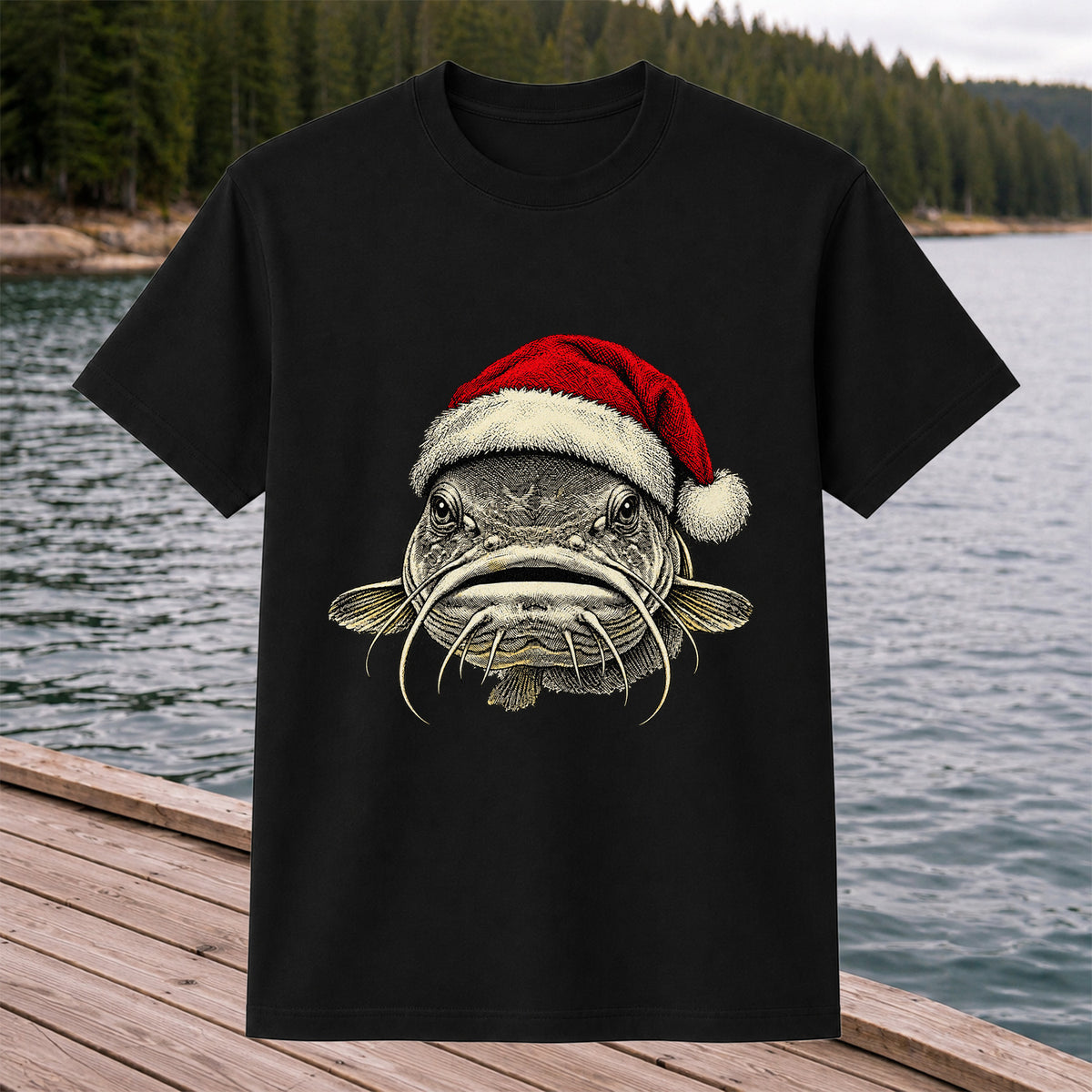 Christmas Catfish Santa Hat Holiday Fishing Graphic T-Shirt