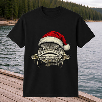 Christmas Catfish Santa Hat Holiday Fishing Graphic T-Shirt