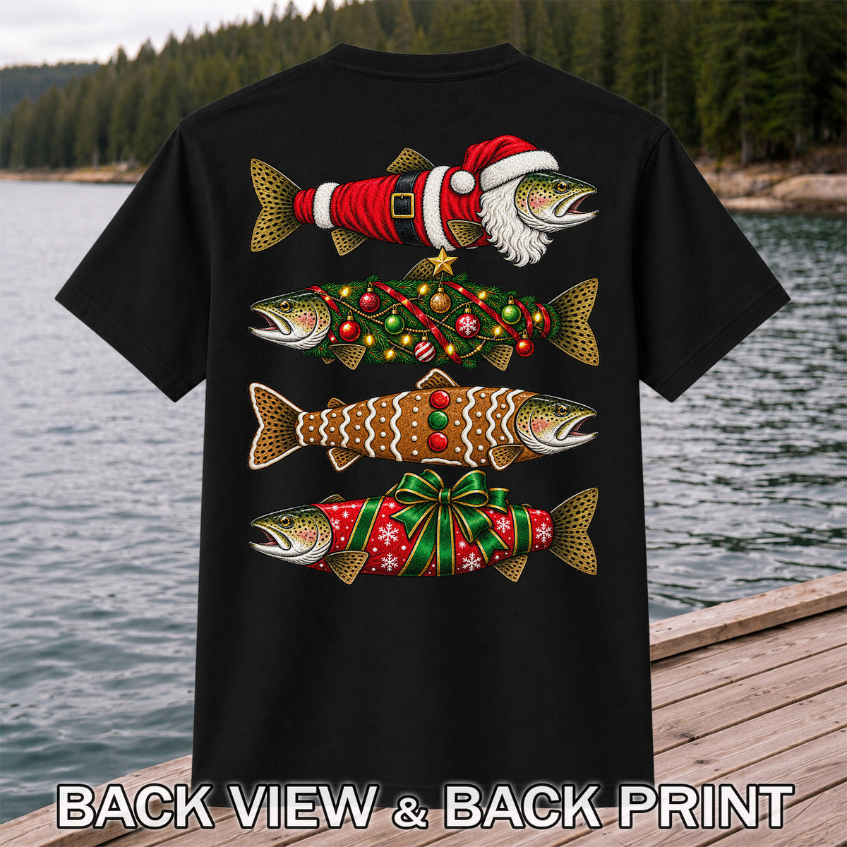 Festive Christmas Trout Santa and Gingerbread Fishing T-Shirt | Back Print