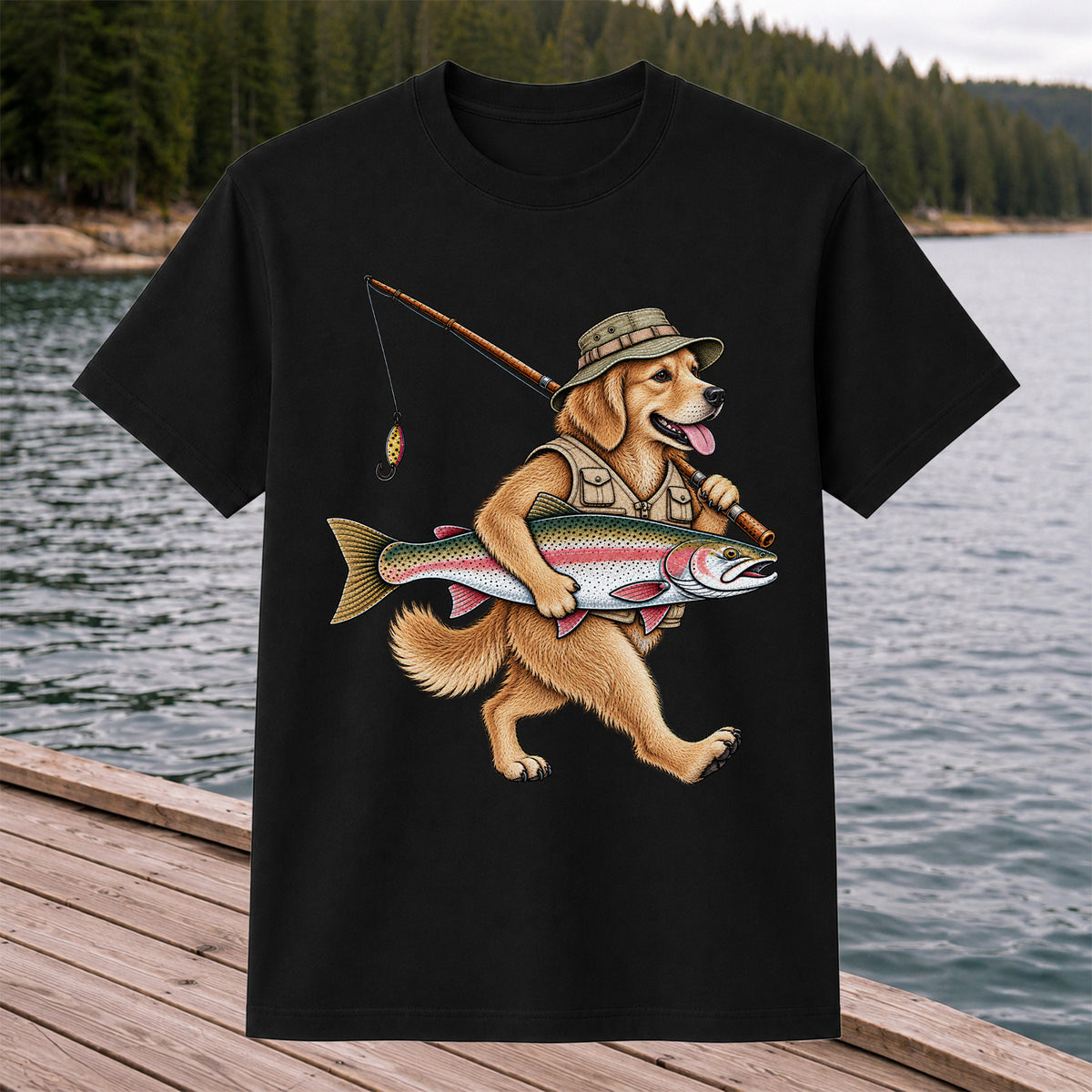 Golden Retriever Holding Rainbow Trout Fishing Graphic T-Shirt