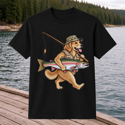 Golden Retriever Holding Rainbow Trout Fishing Graphic T-Shirt