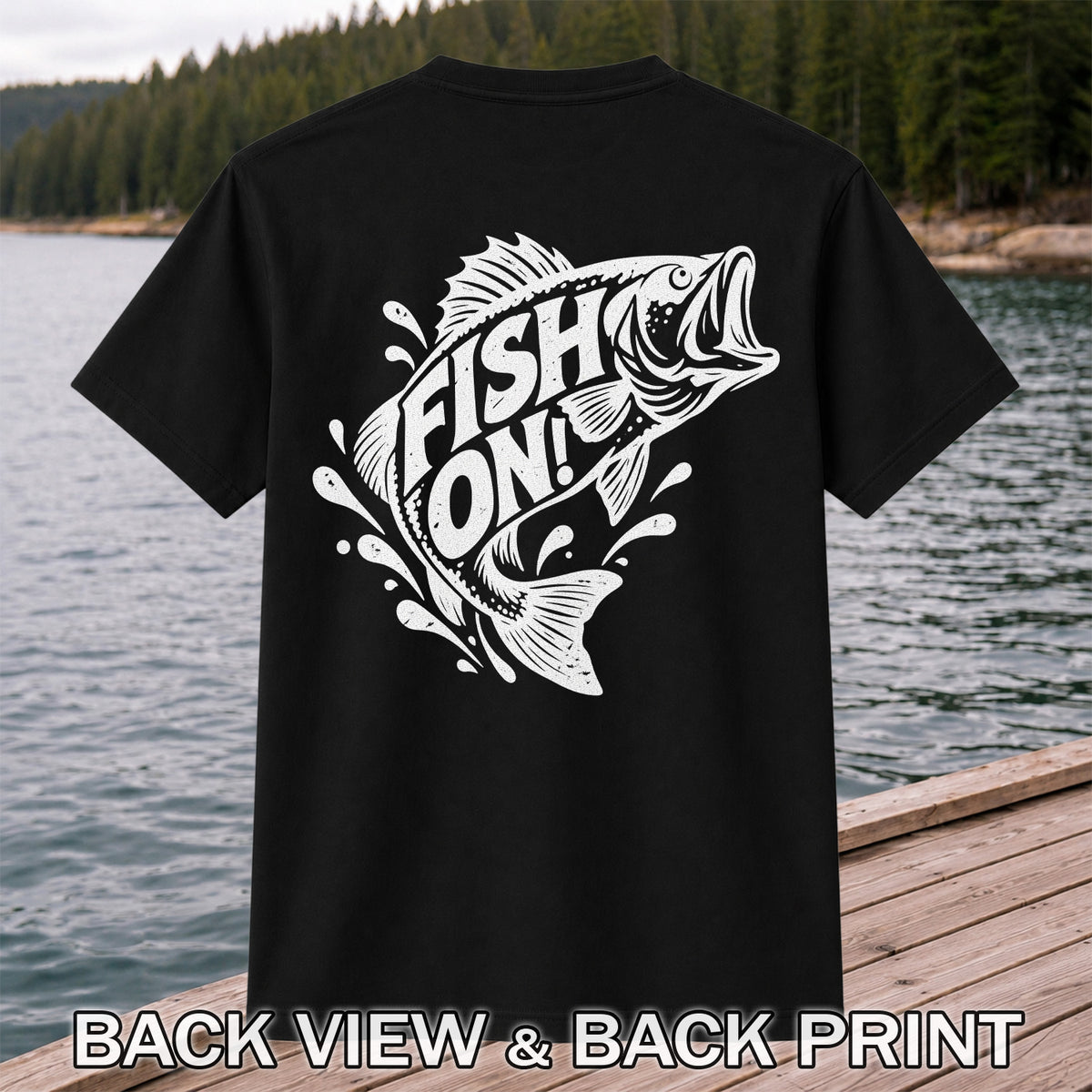 Fish On! Jumping Bass Fishing Distressed Graphic T-Shirt | Back Print