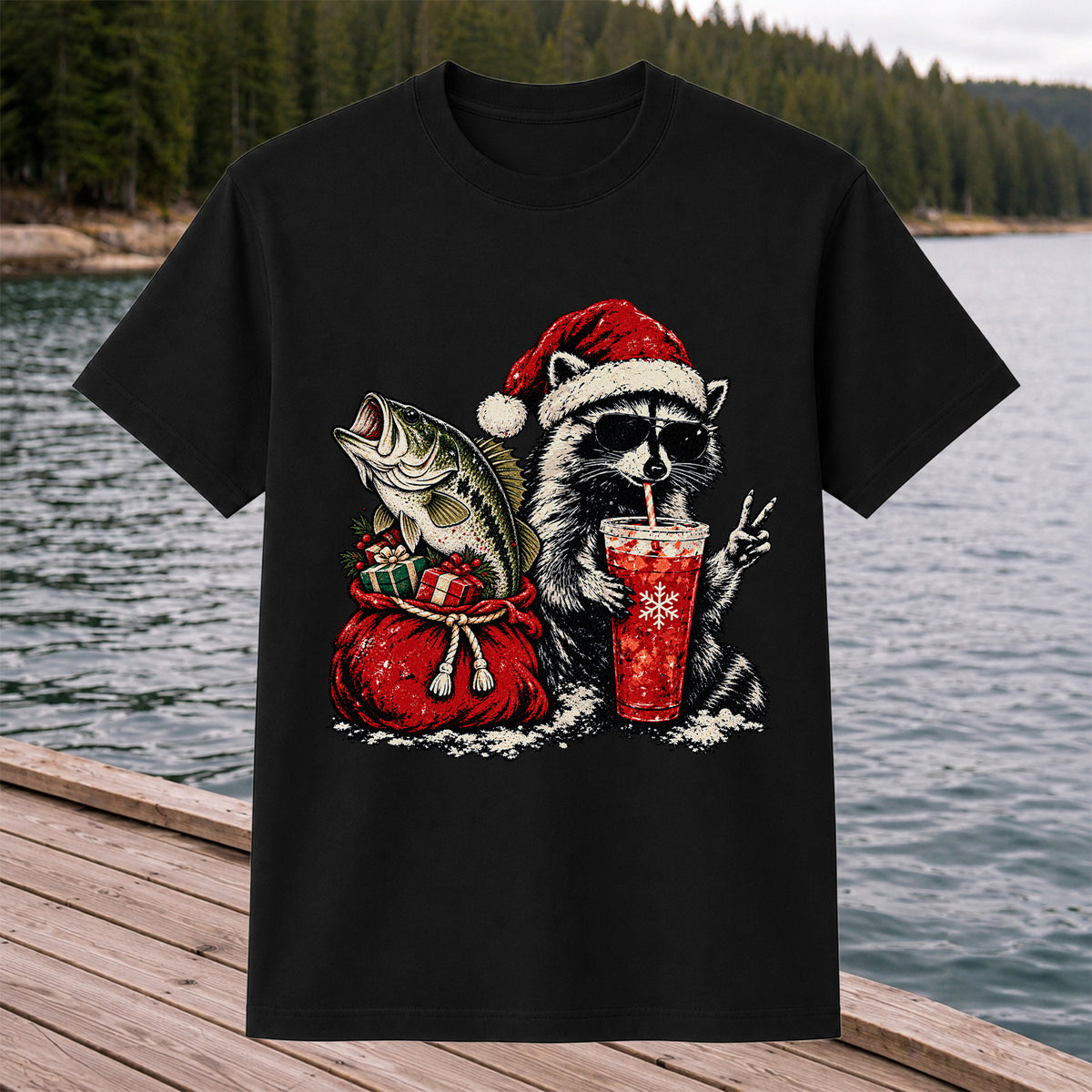 Santa Raccoon Sharing a Bass Christmas Fishing Graphic T-Shirt