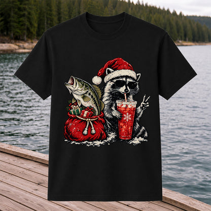 Santa Raccoon Sharing a Bass Christmas Fishing Graphic T-Shirt