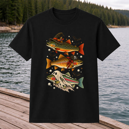 Halloween Trout Trio Witch Pirate and Ghost Fishing T-Shirt