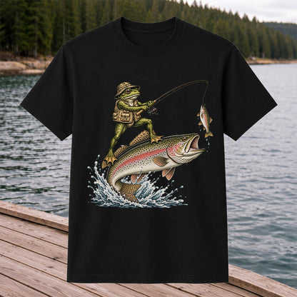 Frog Angler Riding a Rainbow Trout Fishing Graphic T-Shirt